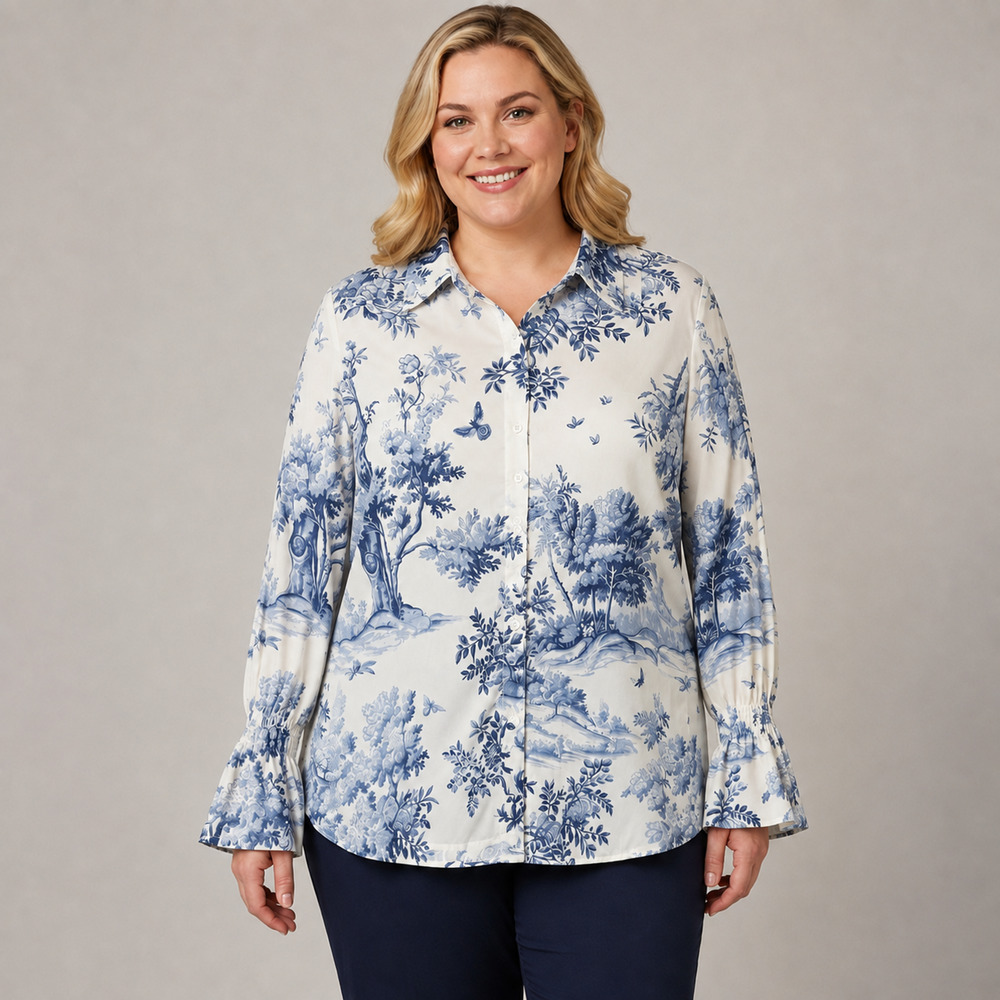 Cherrybetty Blouse Womens 2XL Blue White Toile Floral Bell Sleeve Top NWOT